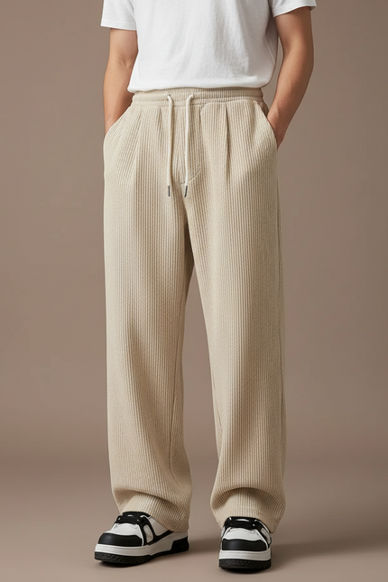 Pantalon Baggy Côtelé Beige Ample Cordon Décontracté - Cordé