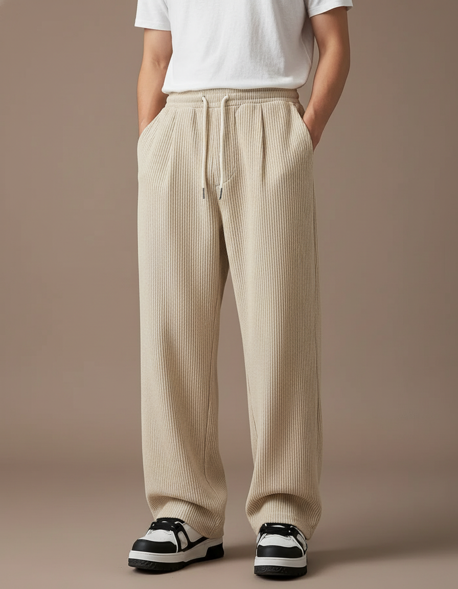 Pantalon Baggy Côtelé Beige Ample Cordon Décontracté - Cordé