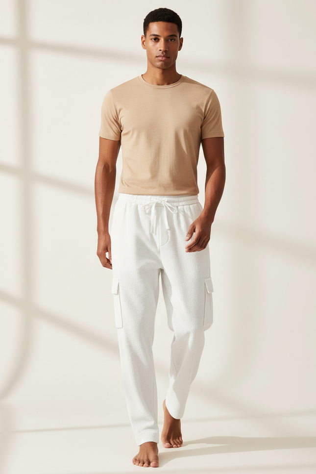 Pantalon Baggy Blanc Côtelé Cordon Décontracté Cargo Homme - Cordé