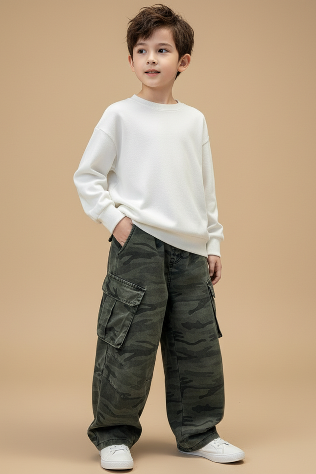 Pantalon Baggy Camouflage Cargo Ample Garçon Vert - Toile
