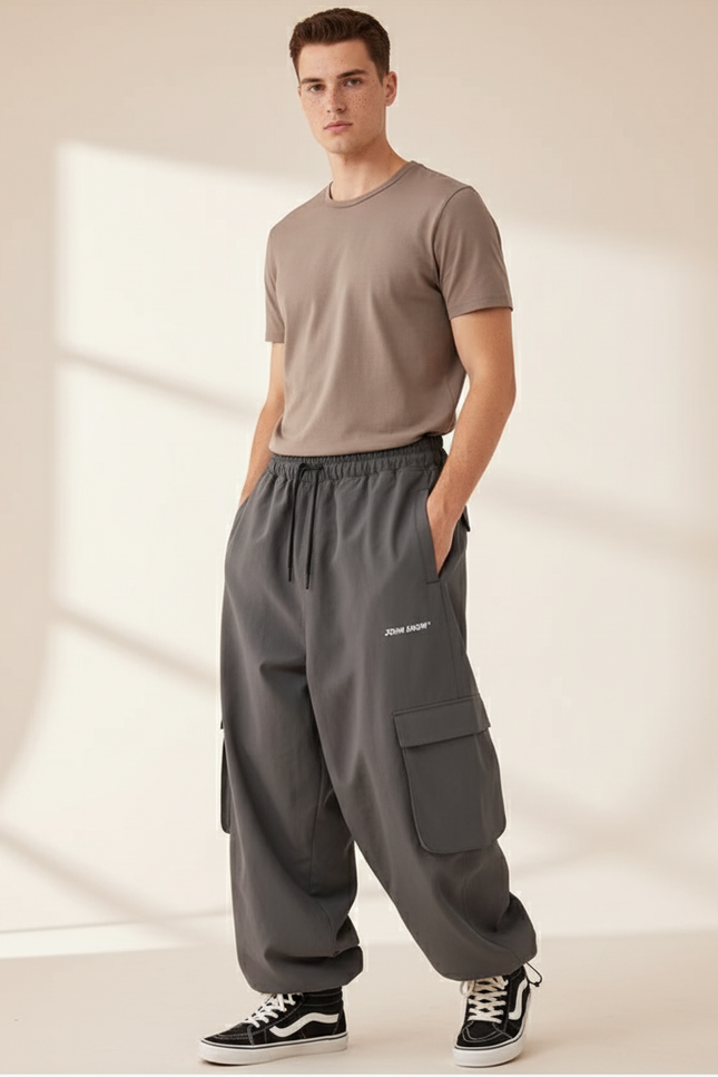 Pantalon Baggy Gris Cargo Ample Unisexe Sportif - Polyester