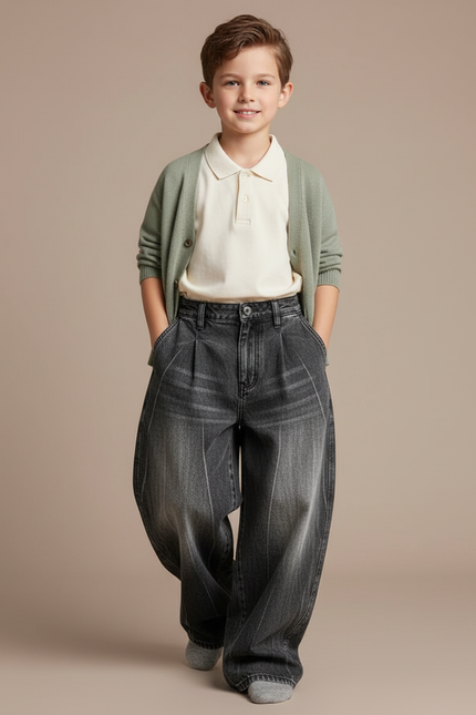 Pantalon Baggy Gris Délavé Ample Large Plissé Enfant - Jean