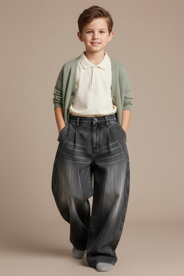 Pantalon Baggy Gris Délavé Ample Large Plissé Enfant - Jean