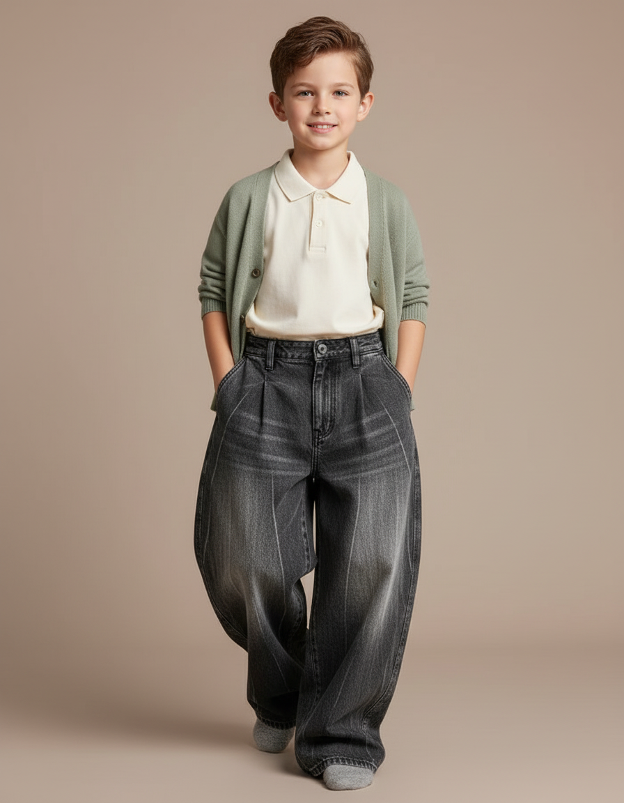 Pantalon Baggy Gris Délavé Ample Large Plissé Enfant - Jean
