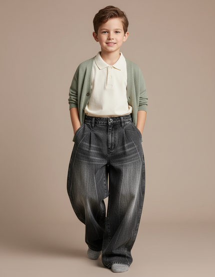 Pantalon Baggy Gris Délavé Ample Large Plissé Enfant - Jean