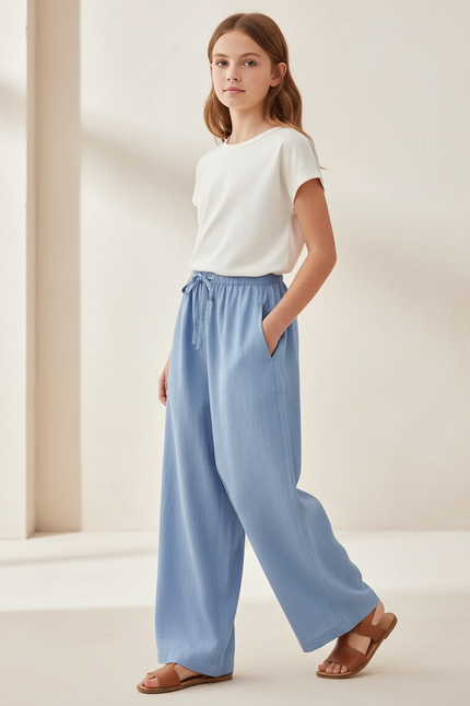 Pantalon Baggy Bleu Ciel Coton Lin Ample Cordon
