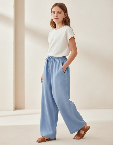 Pantalon Baggy Bleu Ciel Coton Lin Ample Cordon