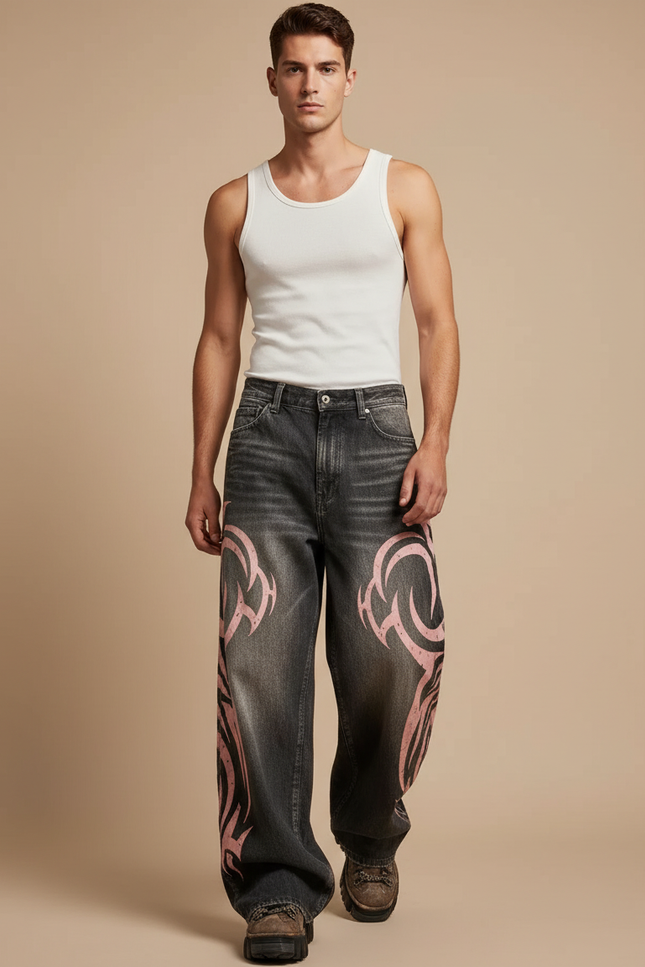 Pantalon Baggy Gris Délavé Ample Imprimé Rose Homme - Jean