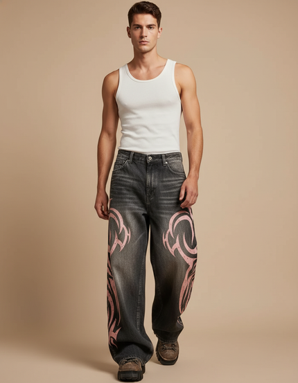 Pantalon Baggy Gris Délavé Ample Imprimé Rose Homme - Jean