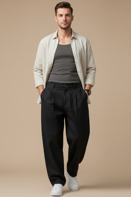Pantalon Baggy Noir Lin Plissé Large Homme