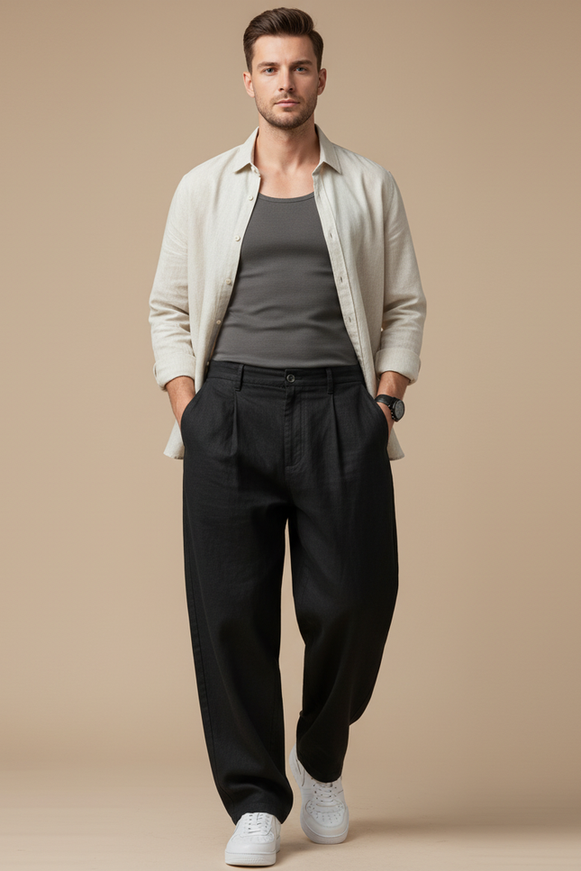 Pantalon Baggy Noir Lin Plissé Large Homme