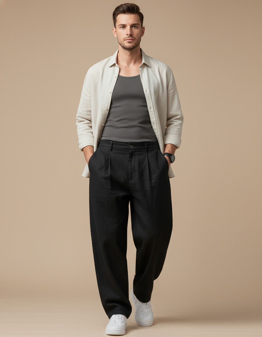Pantalon Baggy Noir Lin Plissé Large Homme