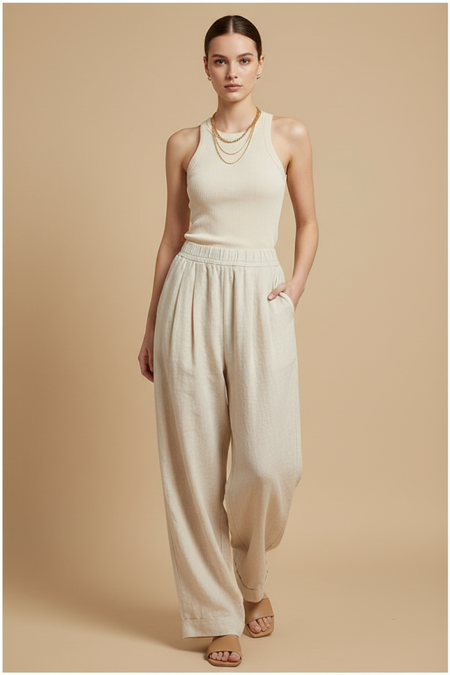 Pantalon Baggy Lin Beige Fluide Décontracté Femme
