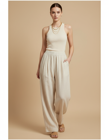 Pantalon Baggy Lin Beige Fluide Décontracté Femme