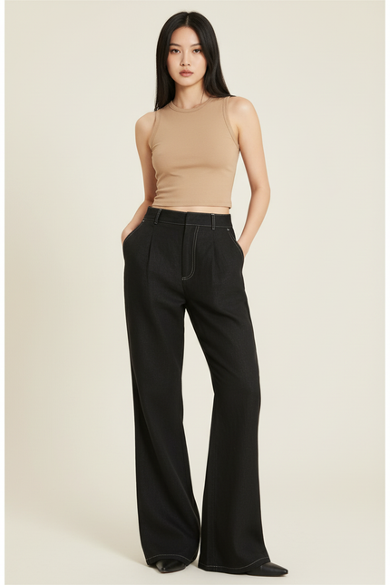 Pantalon Baggy Noir Ample Taille Haute Femme Élégant - Jean
