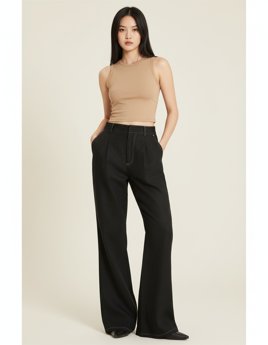Pantalon Baggy Noir Ample Taille Haute Femme Élégant - Jean