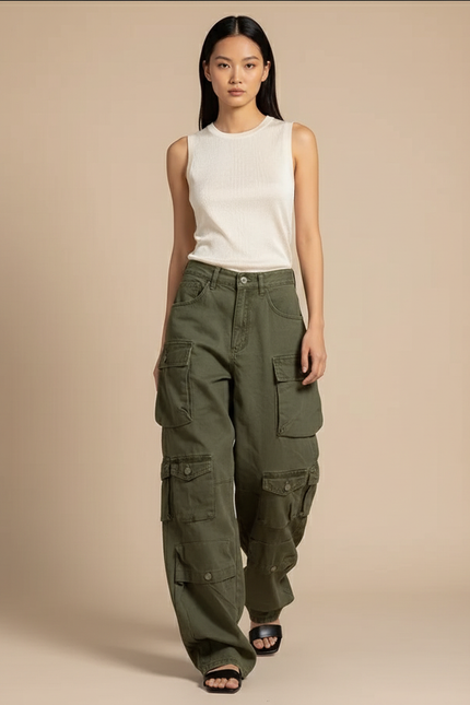Pantalon Baggy Vert Kaki Cargo Multi-poches Ample Femme - Toile
