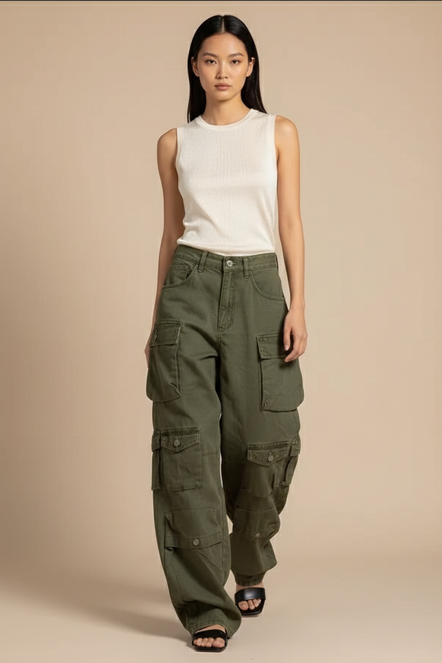 Pantalon Baggy Vert Kaki Cargo Multi-poches Ample Femme - Toile