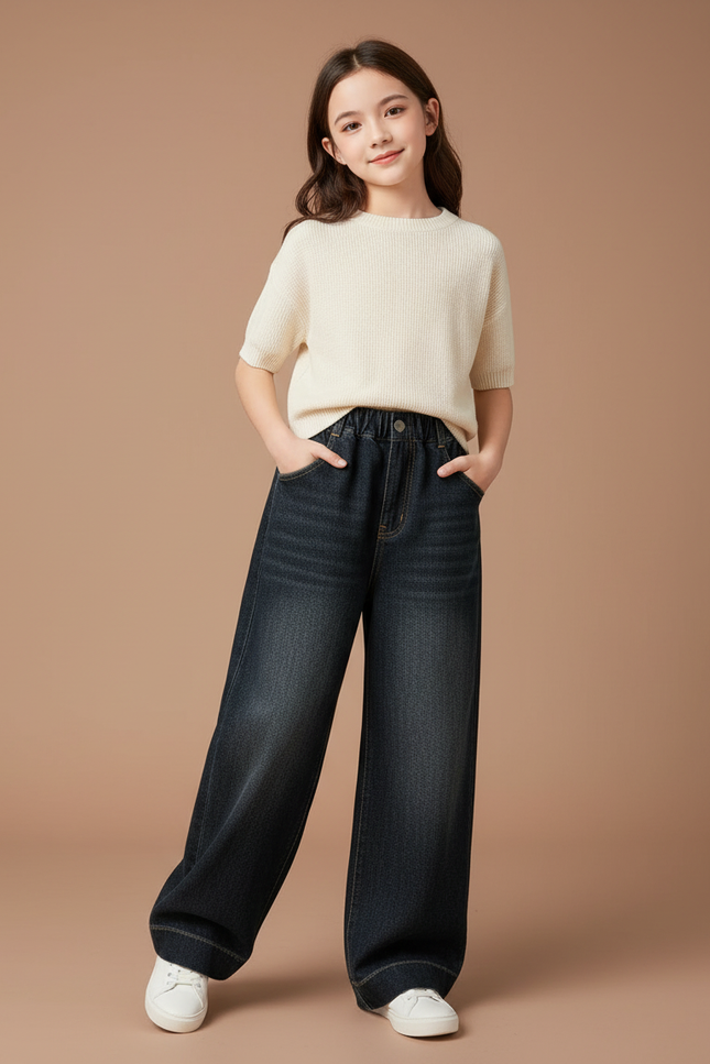 Pantalon Baggy Denim Bleu Large Ample Fille - Marine Jean