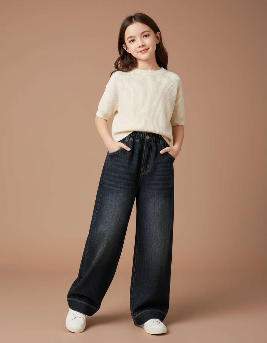 Pantalon Baggy Denim Bleu Large Ample Fille - Marine Jean