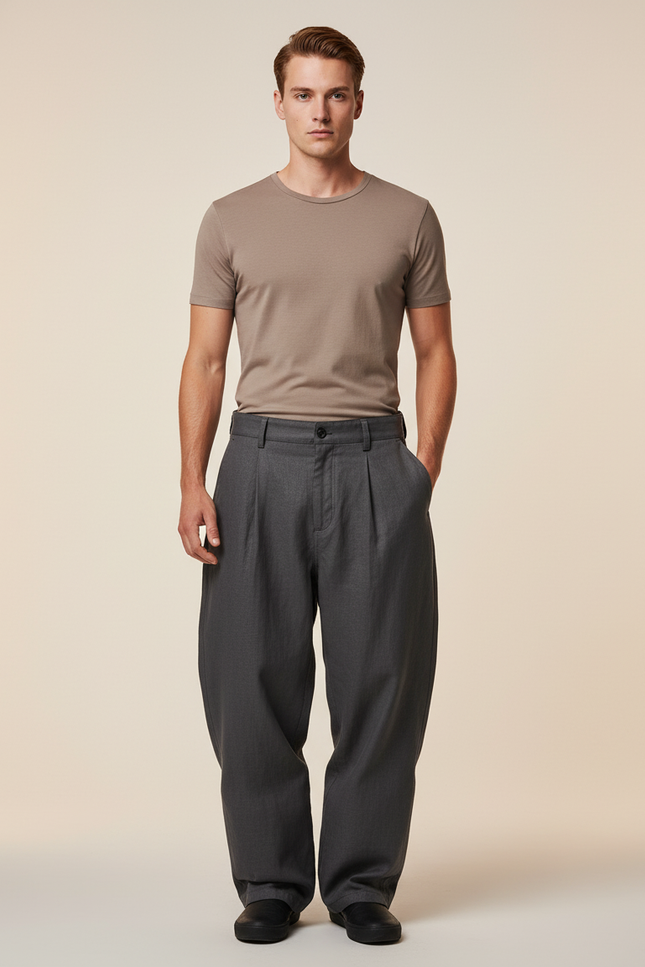 Pantalon Baggy Homme Gris Taille Haute - Gabardine