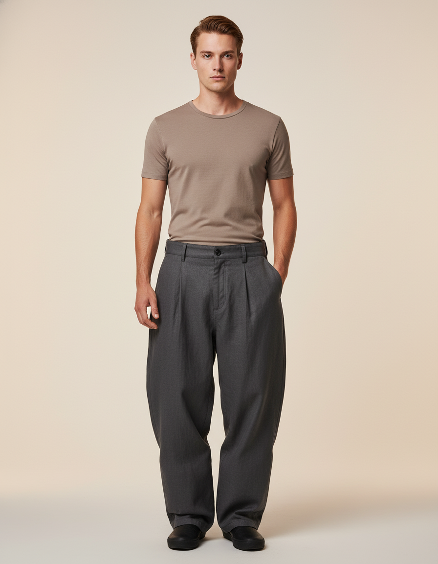 Pantalon Baggy Homme Gris Taille Haute - Gabardine