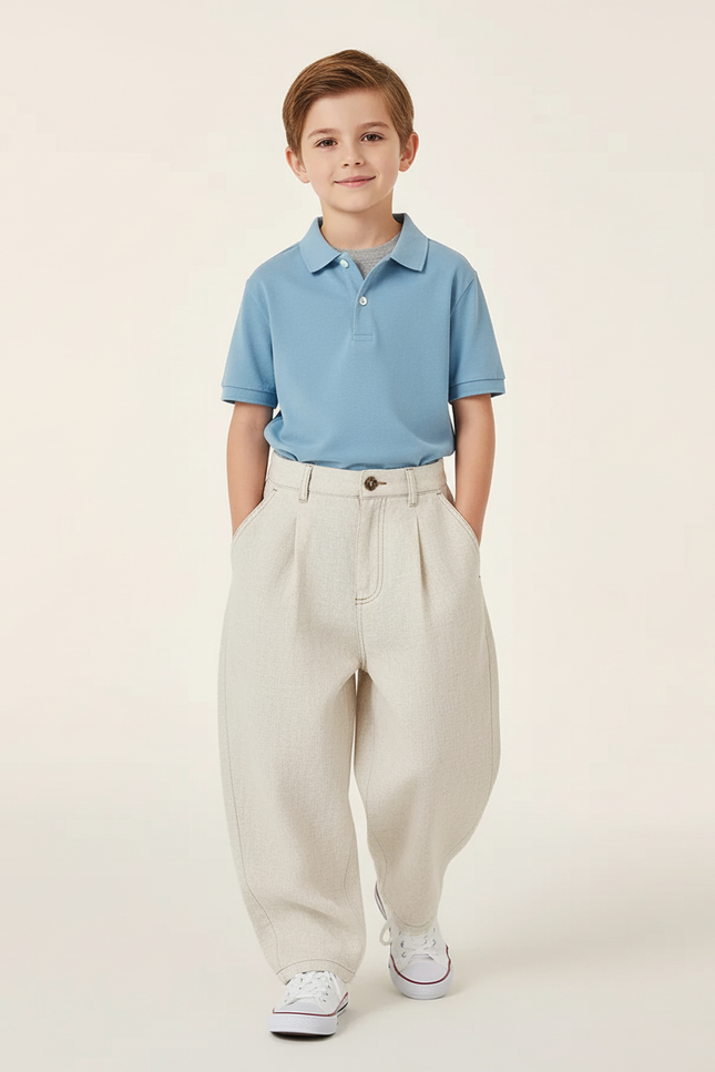 Pantalon Baggy Beige Lin Plissé Ample Garçon