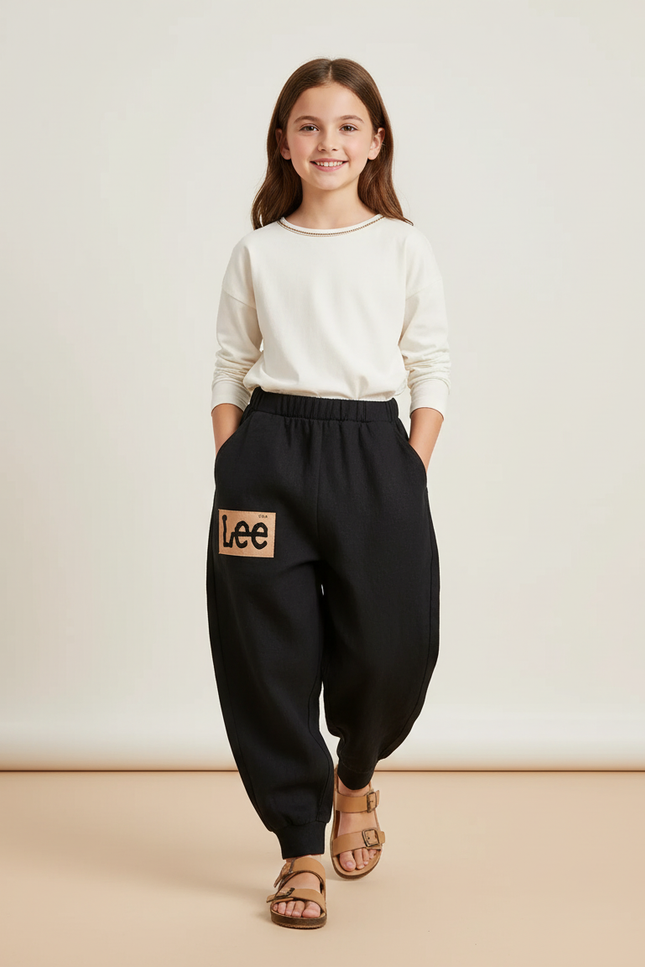 Pantalon Baggy Noir Ample Molletonné Logo Enfant