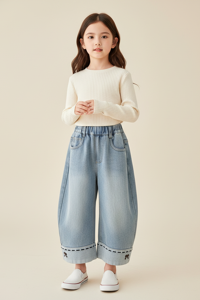 Pantalon Baggy Jean Bleu Délavé Ample Nœud Fille