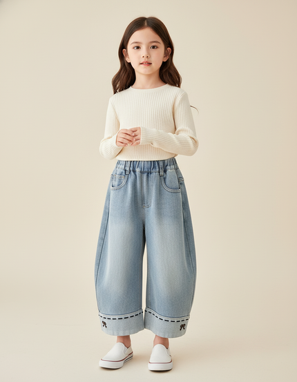 Pantalon Baggy Jean Bleu Délavé Ample Nœud Fille