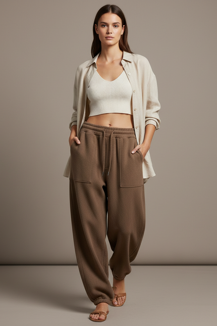 Pantalon Baggy Marron Molletonné Ample Décontracté