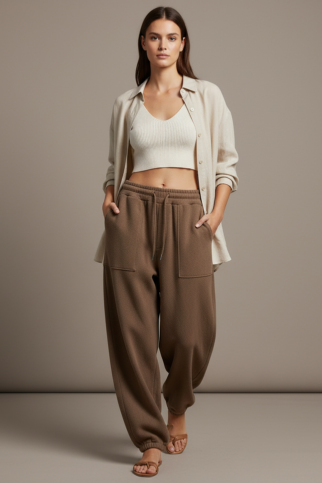 Pantalon Baggy Marron Molletonné Ample Décontracté