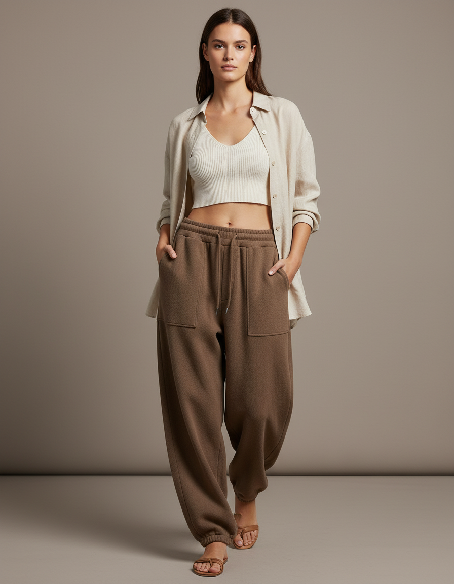Pantalon Baggy Marron Molletonné Ample Décontracté