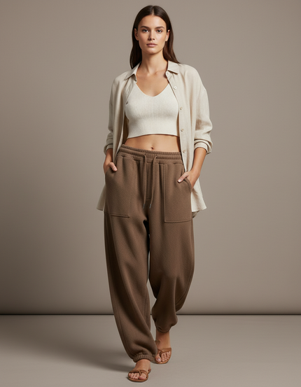Pantalon Baggy Marron Molletonné Ample Décontracté