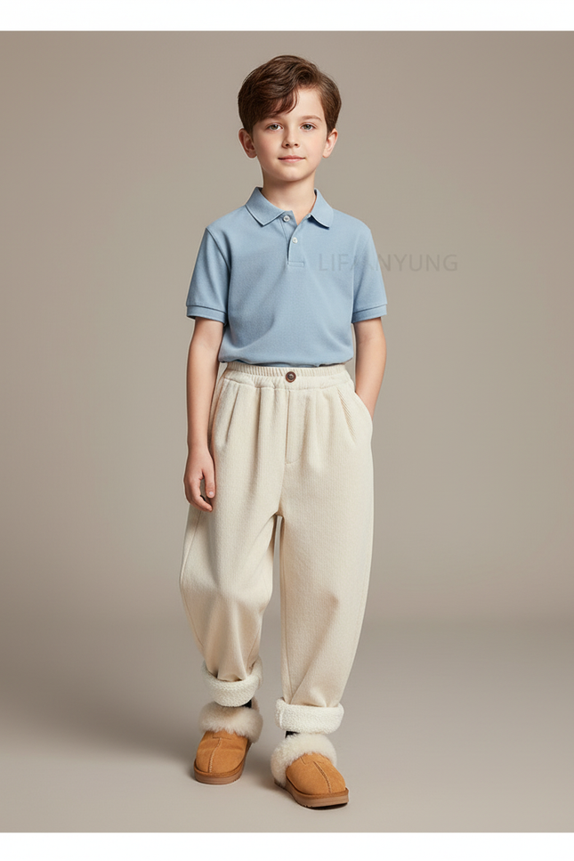 Pantalon Baggy Écru Côtelé Ample Décontracté Doublé Enfant - Beige Cordé