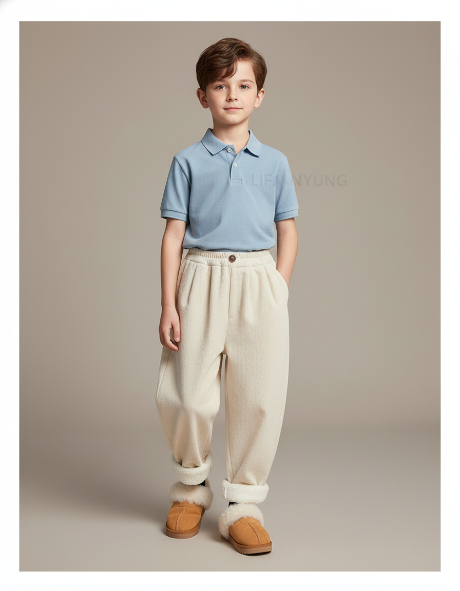 Pantalon Baggy Écru Côtelé Ample Décontracté Doublé Enfant - Beige Cordé
