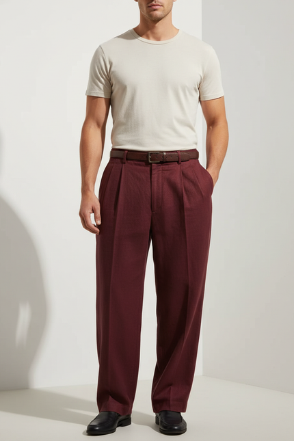 Pantalon Baggy Bordeaux Plissé Ample Élégant Homme - Lin