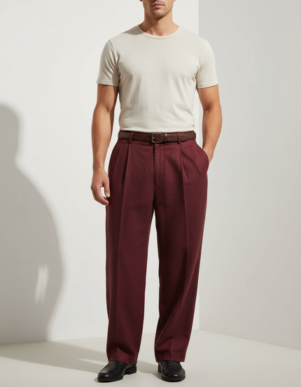 Pantalon Baggy Bordeaux Plissé Ample Élégant Homme - Lin