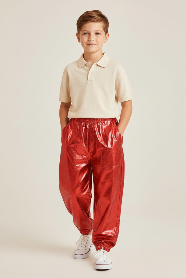 Pantalon Baggy Rouge Métallisé Brillant Ample Enfant - Polyester