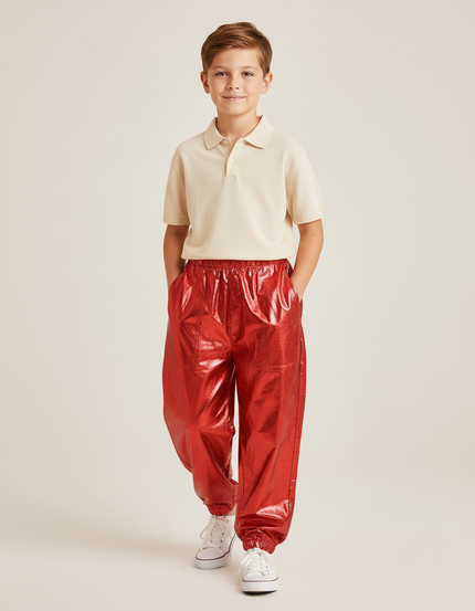Pantalon Baggy Rouge Métallisé Brillant Ample Enfant - Polyester