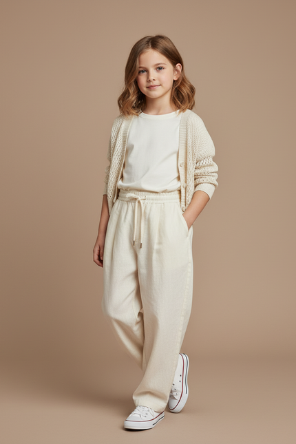 Pantalon Baggy Beige Lin Ample Cordon Confortable