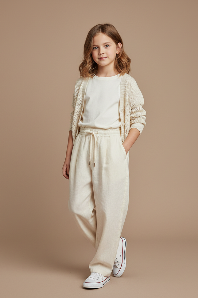 Pantalon Baggy Beige Lin Ample Cordon Confortable