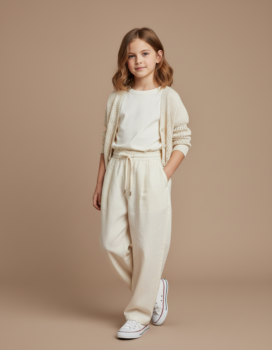 Pantalon Baggy Beige Lin Ample Cordon Confortable