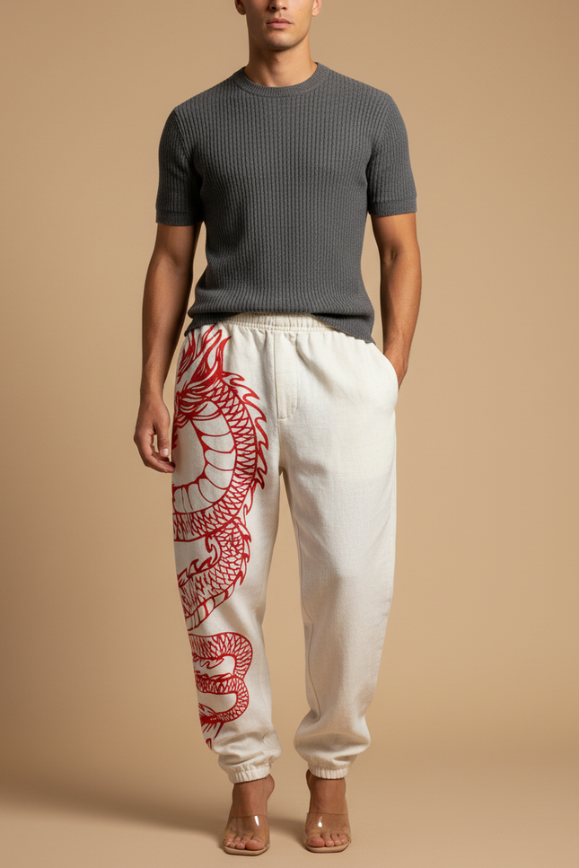 Pantalon Baggy Blanc Brodé Dragon Décontracté Ample - Molleton