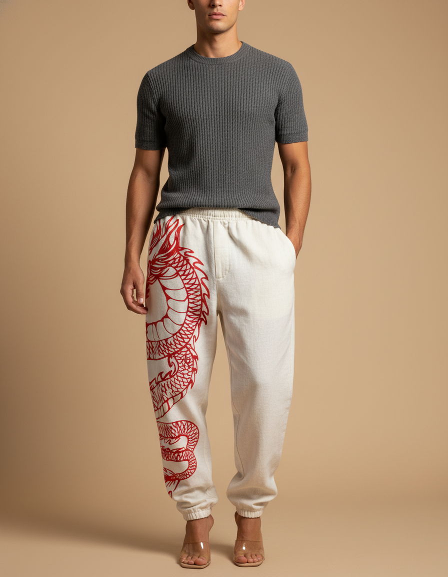 Pantalon Baggy Blanc Brodé Dragon Décontracté Ample - Molleton