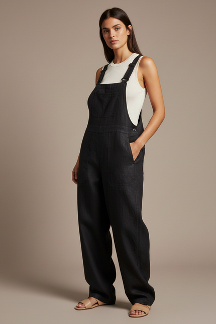 Pantalon Baggy Noir Lin Ample Élégant Bretelles