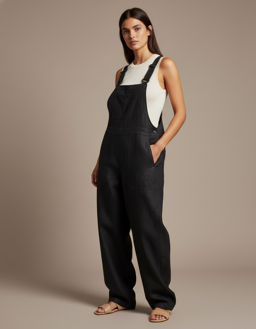 Pantalon Baggy Noir Lin Ample Élégant Bretelles