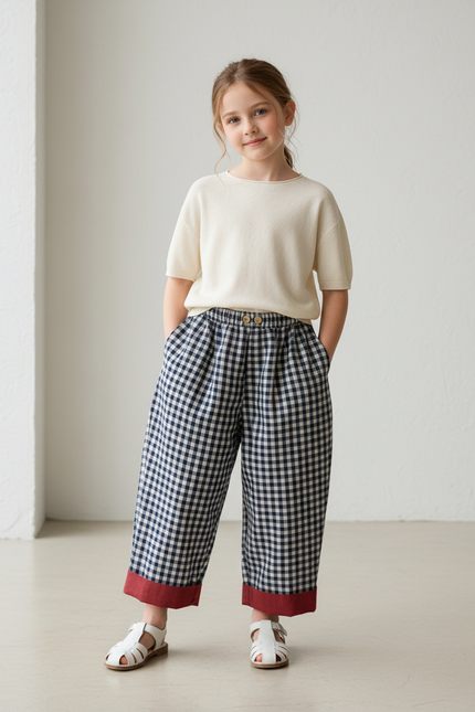 Pantalon Baggy Vichy Bleu Marine Ample Coton Enfant