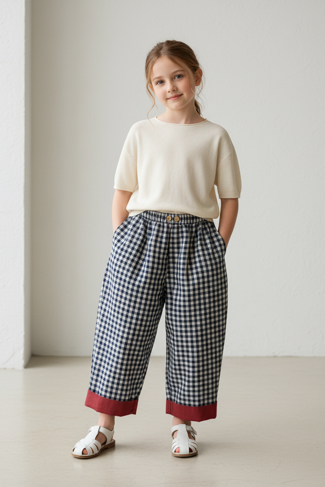 Pantalon Baggy Vichy Bleu Marine Ample Coton Enfant