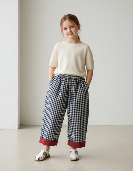 Pantalon Baggy Vichy Bleu Marine Ample Coton Enfant